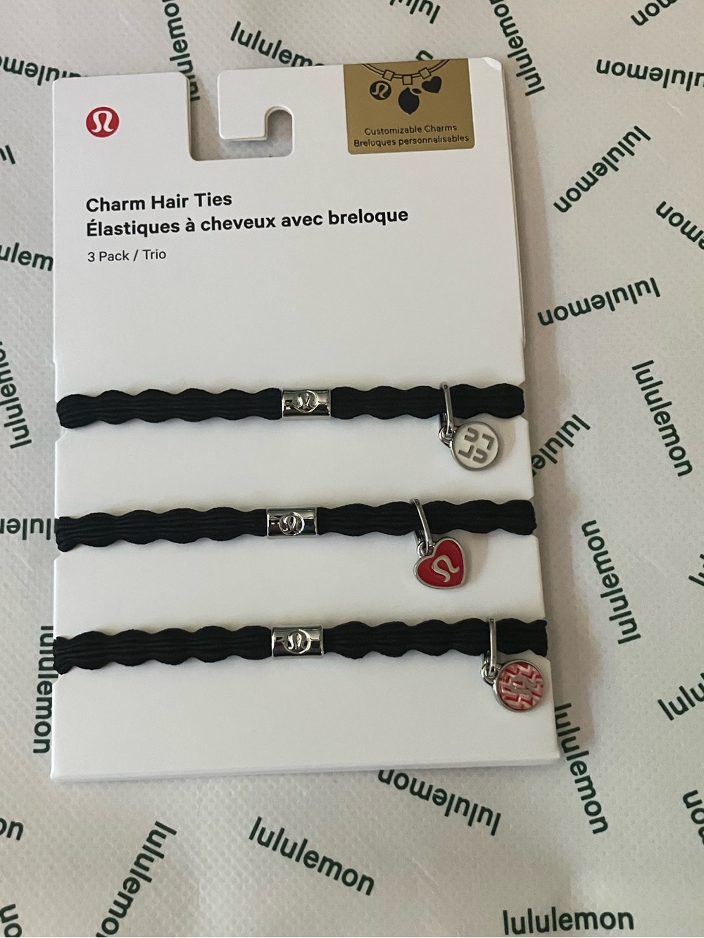 NWT Lululemon Charm Hair Ties *3 Pack, Black/Silver